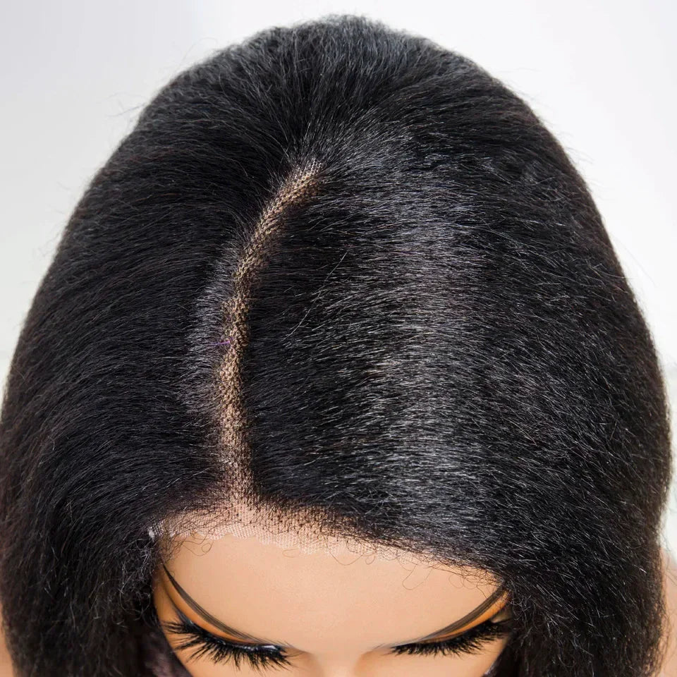 Perruque carrée courte et lisse crépu | Cheveux naturels indétectables sans colle avec raie naturelle