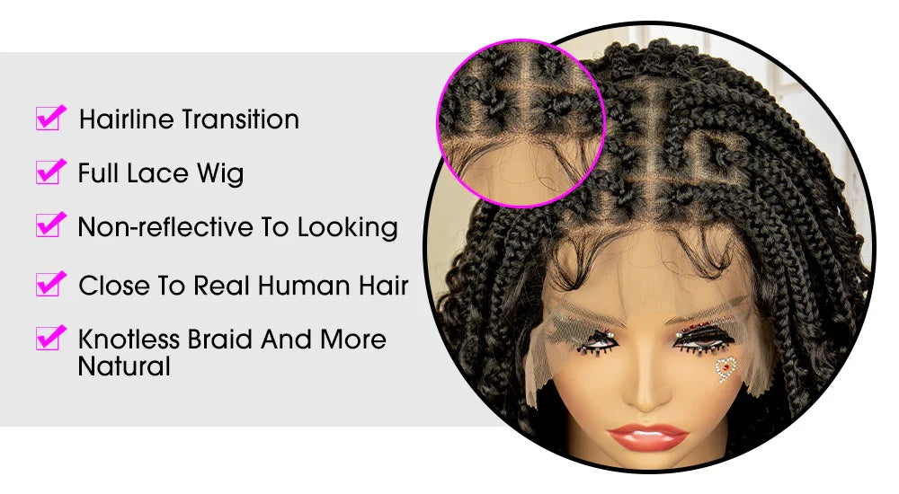 Perruque de tresses carrées bordeaux 14" | Entièrement lacée | Fibre Kanekalon | Tresses bohèmes | Pour femmes
