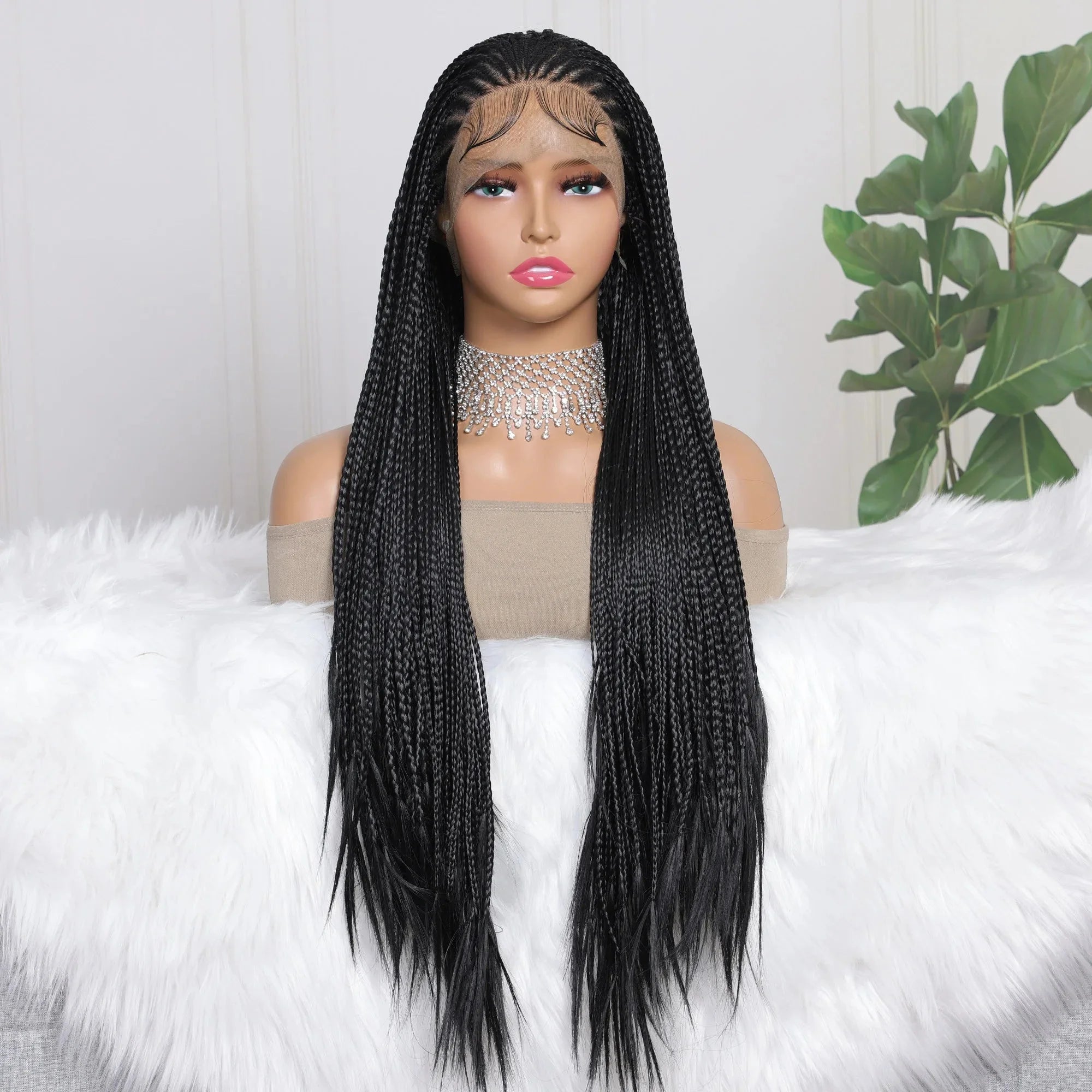Perrque Tressée Déesse Faux Locs 13x4 | Tresses Boîte Sans Nœuds | Longue Synthétique Lace Front | Nœuds Blanchis