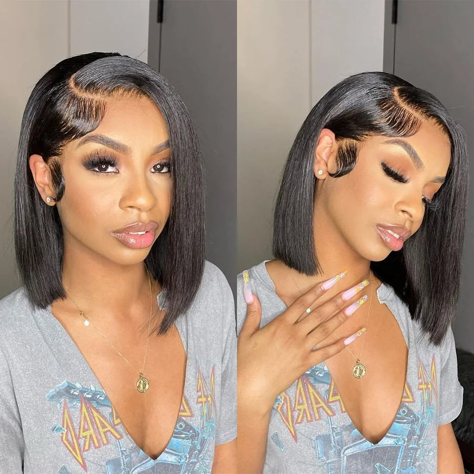 Perruque Bob Courte Droite Sans Colle 13x4 Lace Front Pré-Épilée avec Fermeture 4x4 Cheveux Humains Brésiliens Remy Ultra Lisses