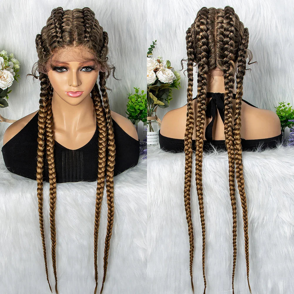 Perruque tressée de 36" 27/613 blonde cornrow | Tresses africaines frontales en dentelle | Perruque synthétique avec cheveux de bébé pour femmes noires