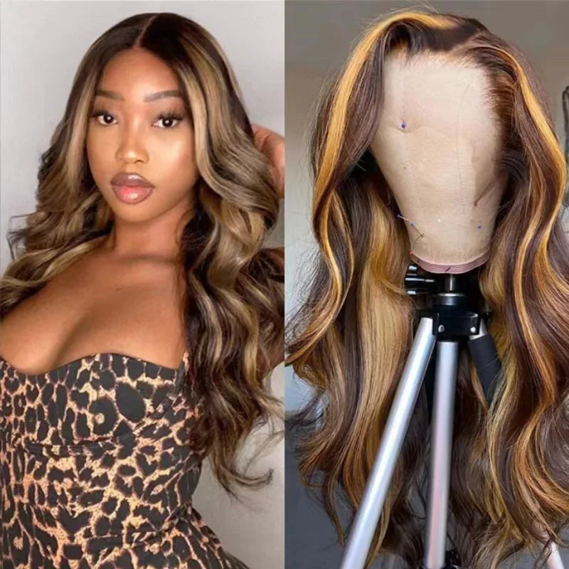 Perruque de cheveux humains brésiliens Body Wave Lace Front de 65 CM, couleur piano blond méché et miel pour femmes