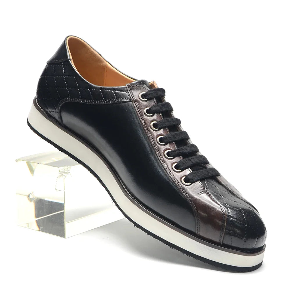 Europe 2024 Automne Hommes Luxe Cuir Véritable Plaid Chaussures Décontractées | Baskets Business Noir & Marron Foncé (Augmentation de la Hauteur)