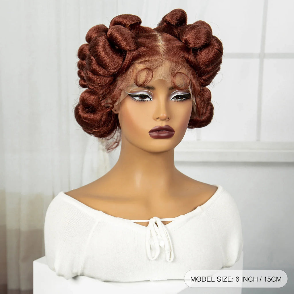 Perruque tressée gingembre pleine dentelle faite main Bantu & Dreadlock avec cheveux de bébé | Perruque tressée synthétique pour femmes noires
