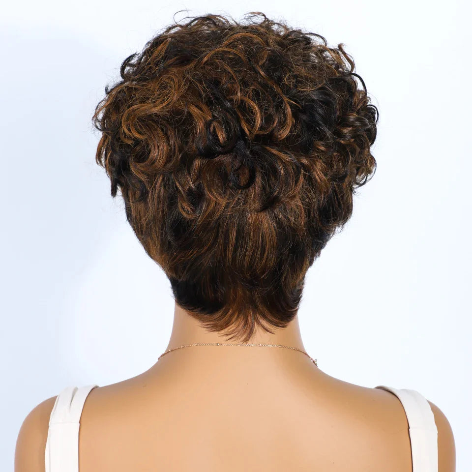 Perruque coupe courte Rebecca P1B/30 | Cheveux humains brésiliens bouclés avec raie sur le côté
