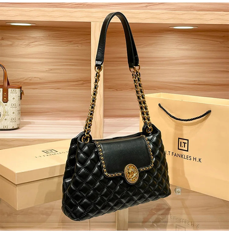 Sac à bandoulière en cuir véritable de luxe pour femmes | Nouveau sac à main sous les aisselles grande capacité de créateur (treillis diamant)