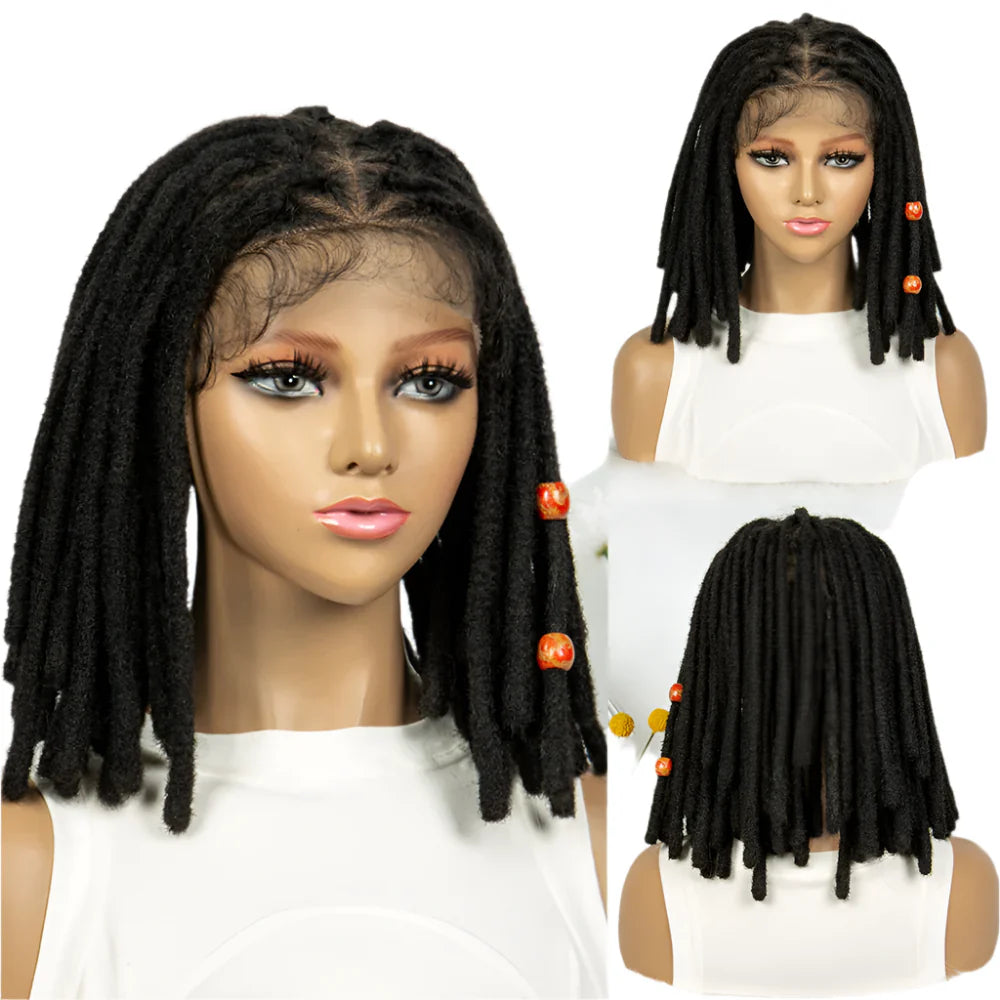 Perruque courte avec tresses africaines et nattes | Dentelle complète | Cheveux de bébé | Inspiration africaine
