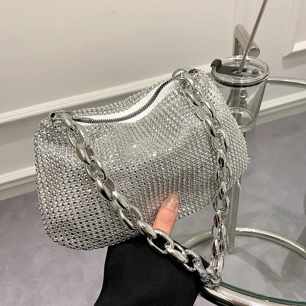 Pochette de Soirée Bling Strass | Sac à Main Coréen de Designer avec Chaîne en Diamants pour Dîner et Fêtes (Sac Carré Fourre-Tout Femme à Bandoulière)