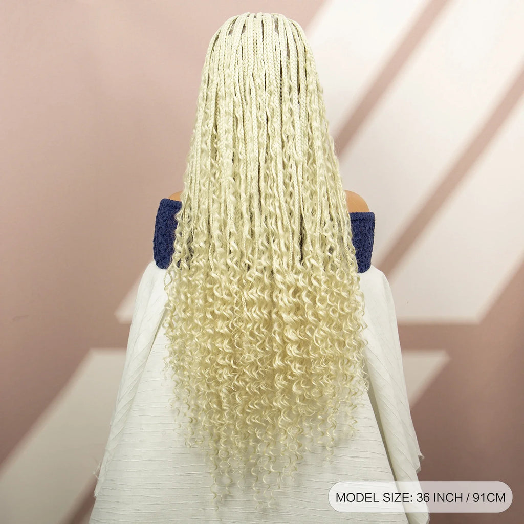 Perruque tressée boîte bohème avec cheveux bouclés | Accents dreadlocks style déesse | Perruque tressée marron en dentelle intégrale | Perruque tressée boîte bohème