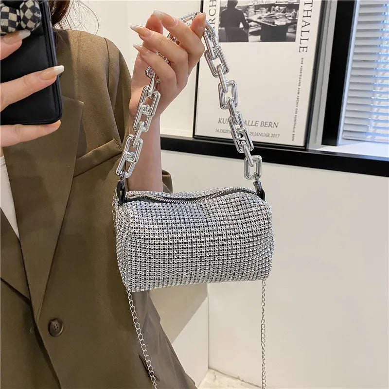 Allover Rhinestone Bucket Bag | Glitter Chain Prom Purse & Women's Mini Crossbody Bag (Sparkling Evening Handbag)
