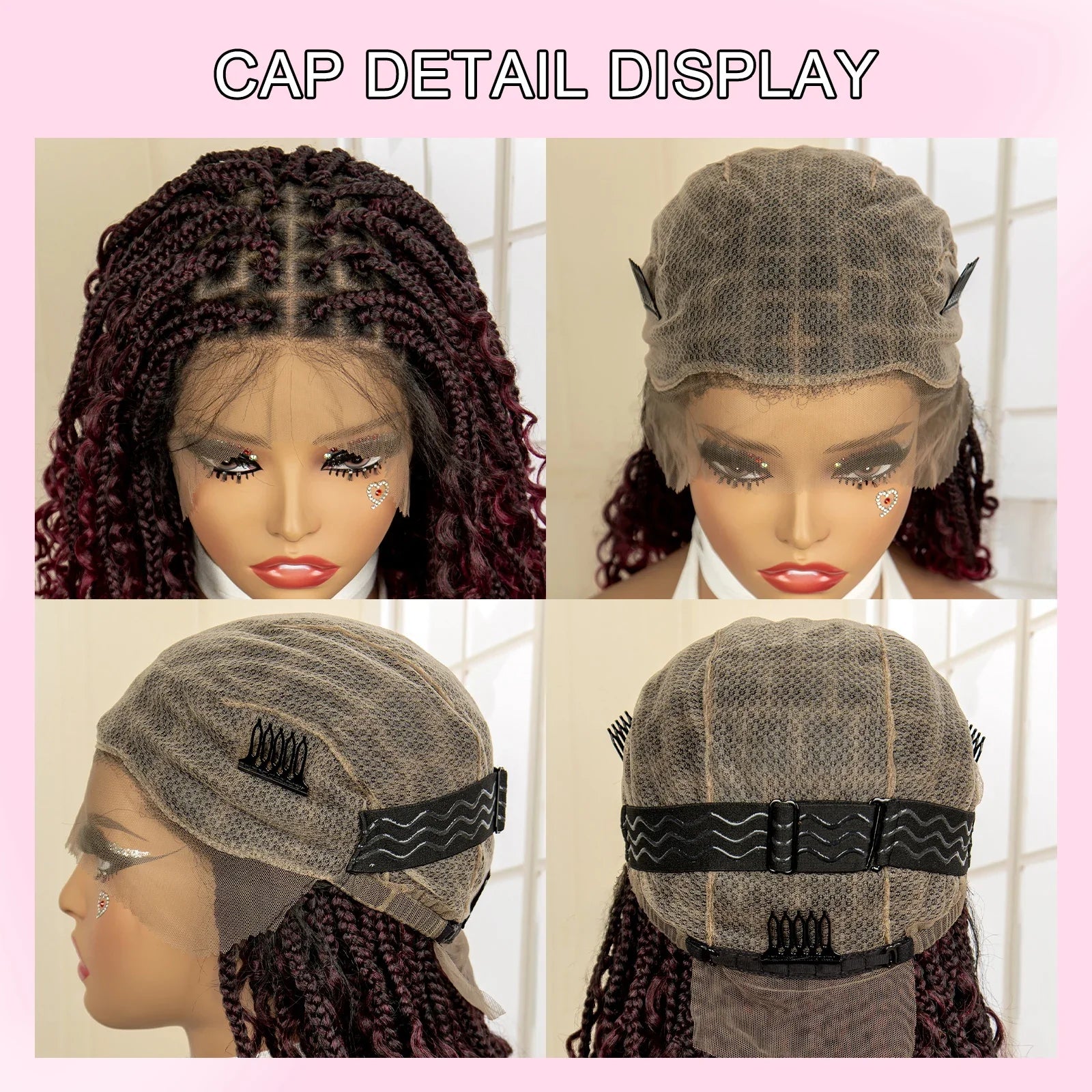 Perruque de tresses carrées bordeaux 14" | Entièrement lacée | Fibre Kanekalon | Tresses bohèmes | Pour femmes
