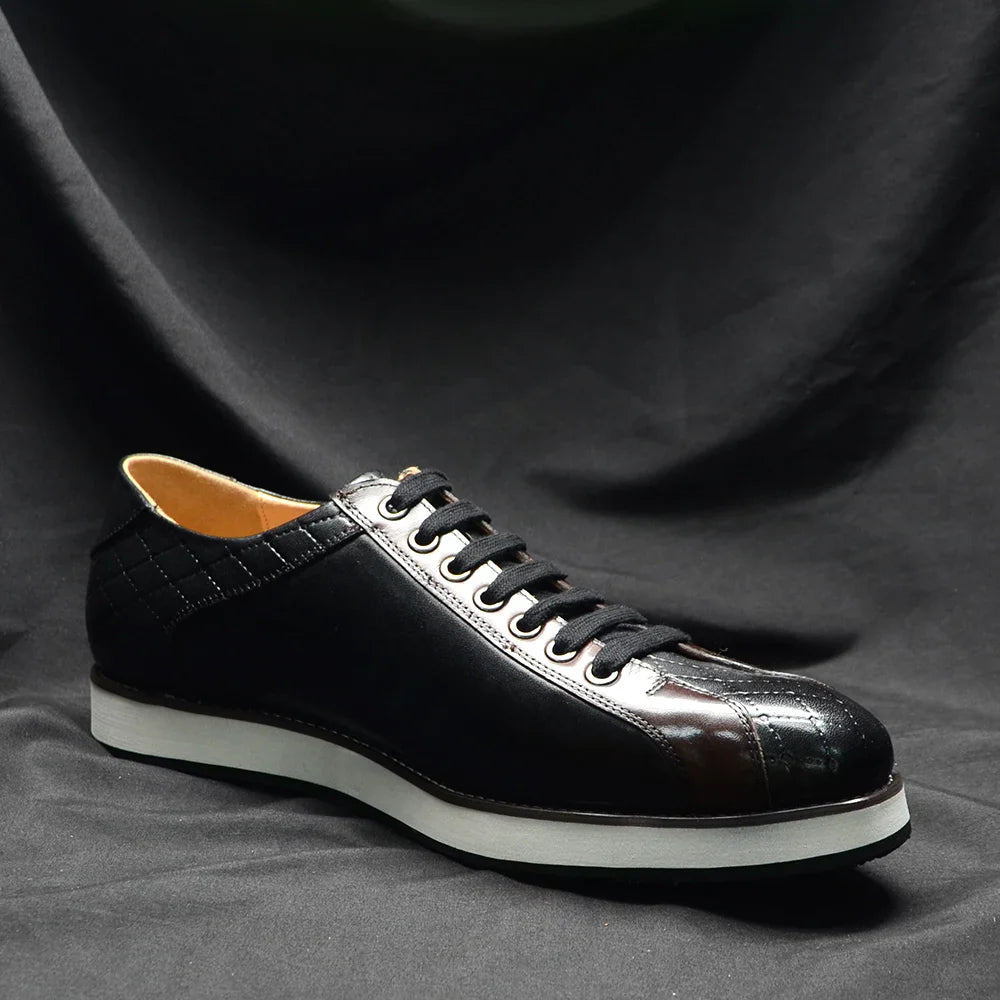 Europe 2024 Automne Hommes Luxe Cuir Véritable Plaid Chaussures Décontractées | Baskets Business Noir & Marron Foncé (Augmentation de la Hauteur)