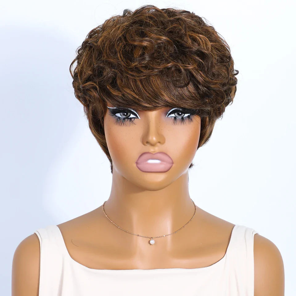 Perruque coupe courte Rebecca P1B/30 | Cheveux humains brésiliens bouclés avec raie sur le côté