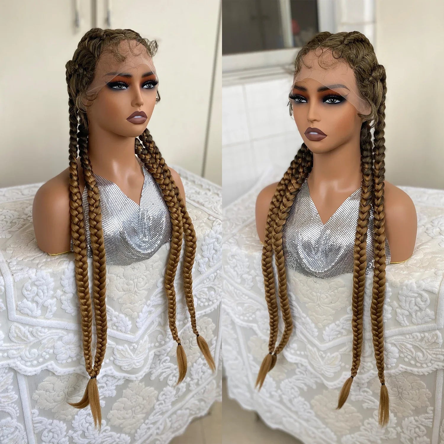 Perruque avant en dentelle torsadée sénégalaise de 32 pouces | 4 tresses collées | Avec des cheveux de bébé | Tresses synthétiques au crochet