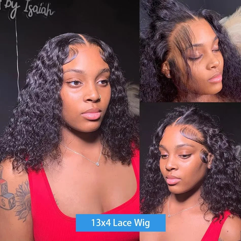 Perruque courte type bob à ondulations profondes 100 % cheveux humains | Perruque Lace Front transparente 13x4 Remy Vietnamienne de 14 pouces et de densité 200