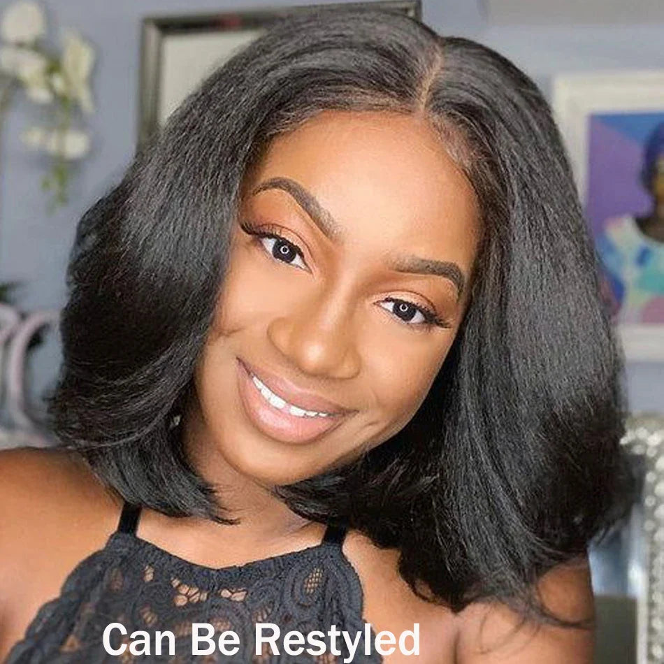 Perruque bob droite crépue sans colle 13x4 | Prête à porter | Cheveux brésiliens Remy | Dentelle transparente HD