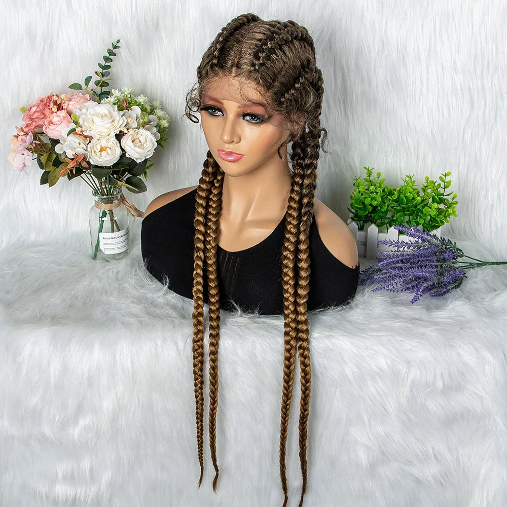 Perruque tressée de 36" 27/613 blonde cornrow | Tresses africaines frontales en dentelle | Perruque synthétique avec cheveux de bébé pour femmes noires