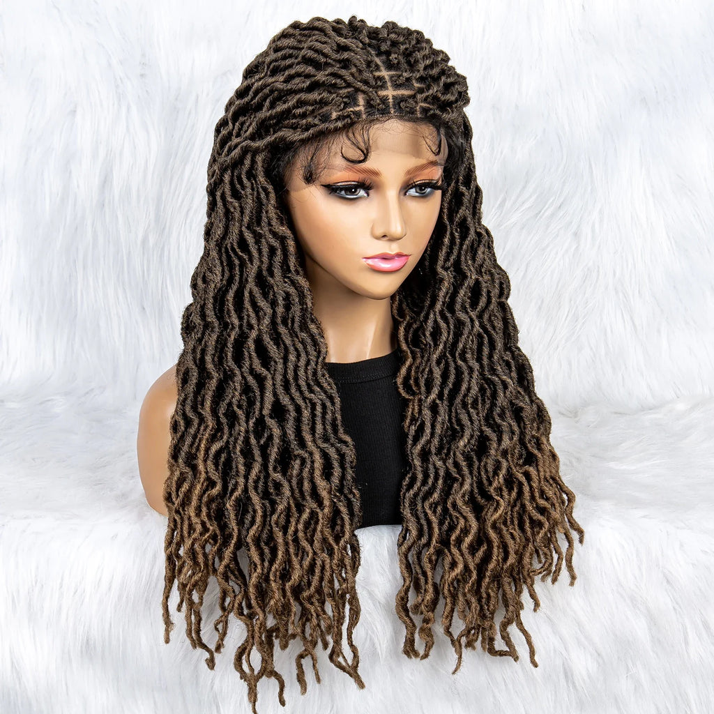 Perruque tressée sans nœuds avec pointes bouclées et cheveux de bébé | Perruque synthétique Lace Front pour femmes noires