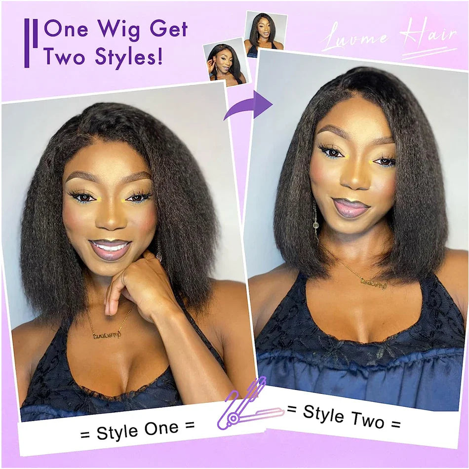 Perruque bob droite crépue sans colle 13x4 | Prête à porter | Cheveux brésiliens Remy | Dentelle transparente HD
