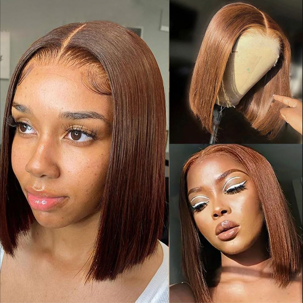 #4 Perruque Bob Brun Chocolat | Sans Colle | Prête à Porter | Cheveux Brésiliens | Cheveux Naturels | Raides | Indétectable | Perruques à Closure Pour Femmes