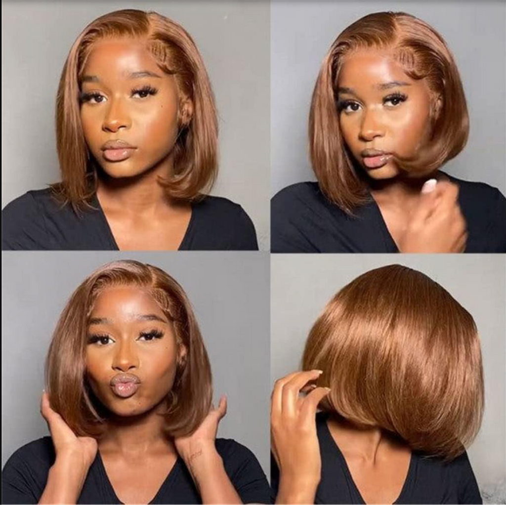 #4 Perruque Bob Brun Chocolat | Sans Colle | Prête à Porter | Cheveux Brésiliens | Cheveux Naturels | Raides | Indétectable | Perruques à Closure Pour Femmes