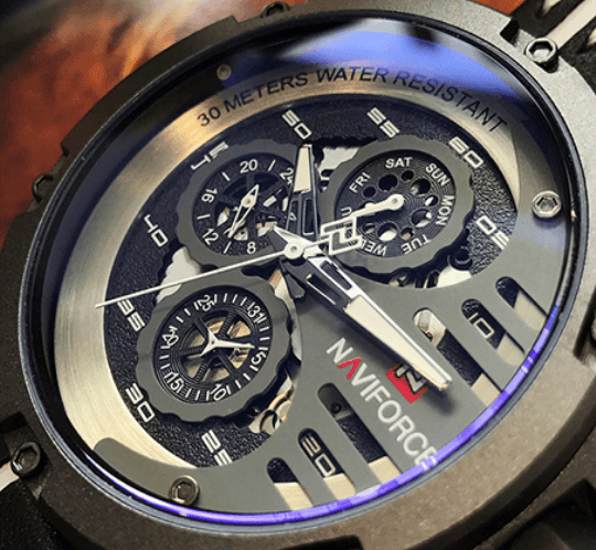 Montre de Sport Étanche Homme avec Chronomètres et Bracelet en Cuir Montre-Bracelet Multifonction Design Unique Cadeau Parfait