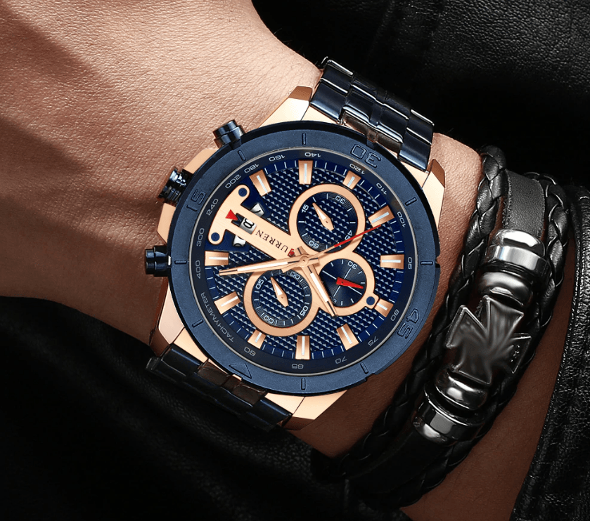 Montre étanche pour homme avec chronomètres, affichage du jour et aiguilles fluorescentes. Design de luxe unique. Cadeau parfait.