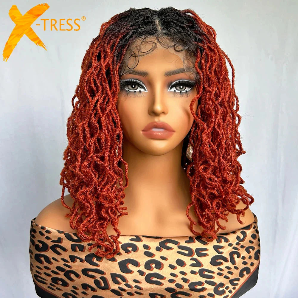 Perruque avant en dentelle rousse cuivrée de 14" | Fausses locs | Dreadlocks courtes tressées | Perruque tressée synthétique