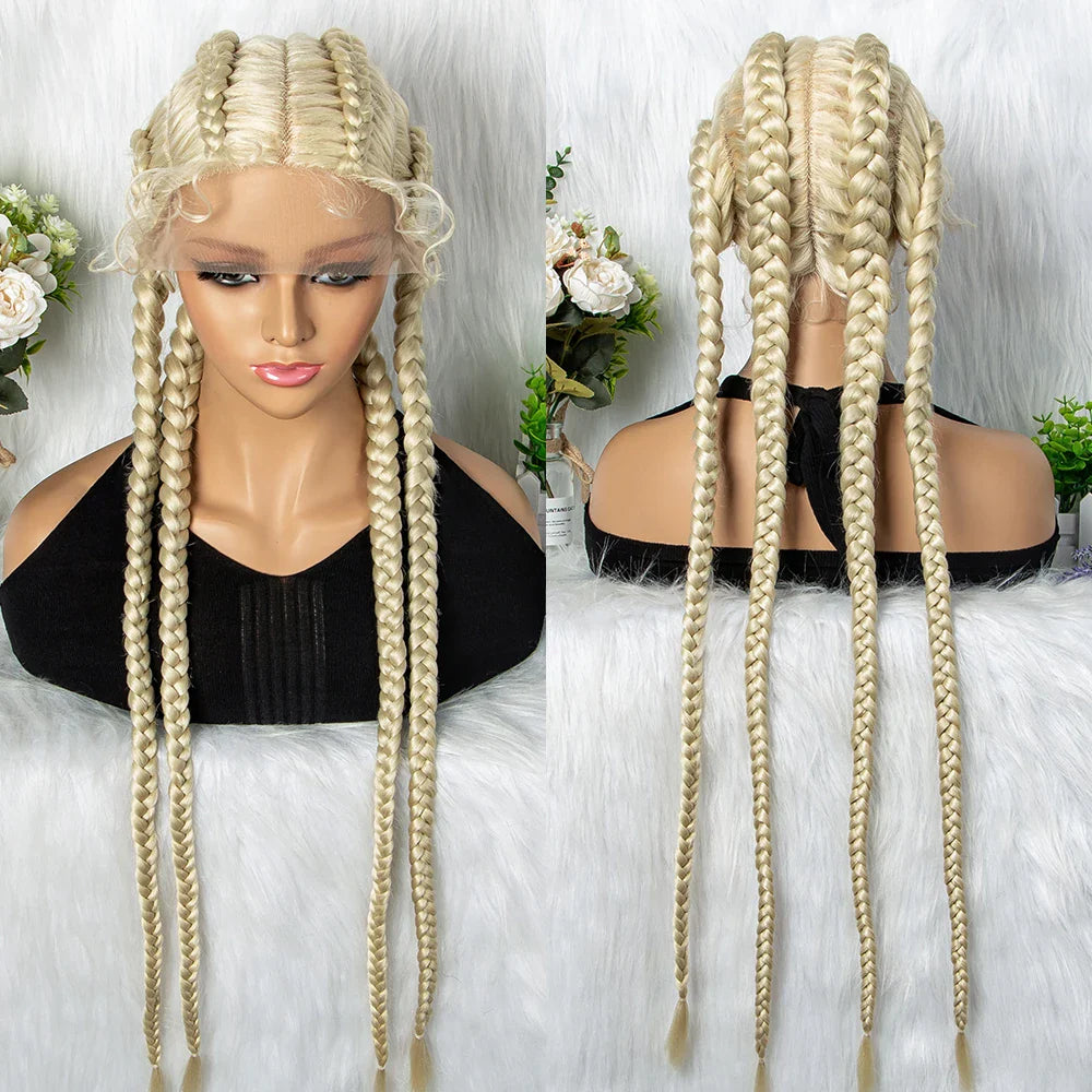 Perruque tressée de 36" 27/613 blonde cornrow | Tresses africaines frontales en dentelle | Perruque synthétique avec cheveux de bébé pour femmes noires