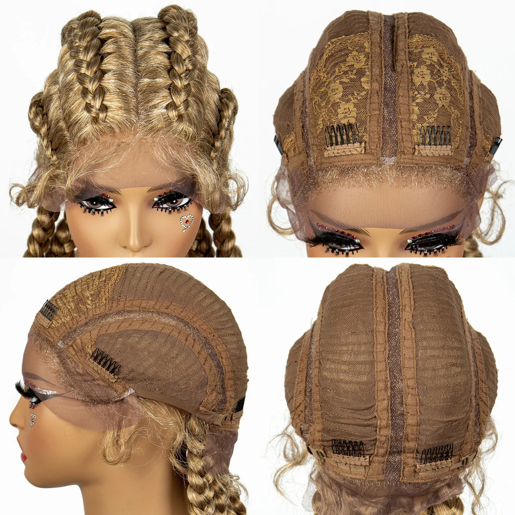 Perruque tressée de 36" 27/613 blonde cornrow | Tresses africaines frontales en dentelle | Perruque synthétique avec cheveux de bébé pour femmes noires