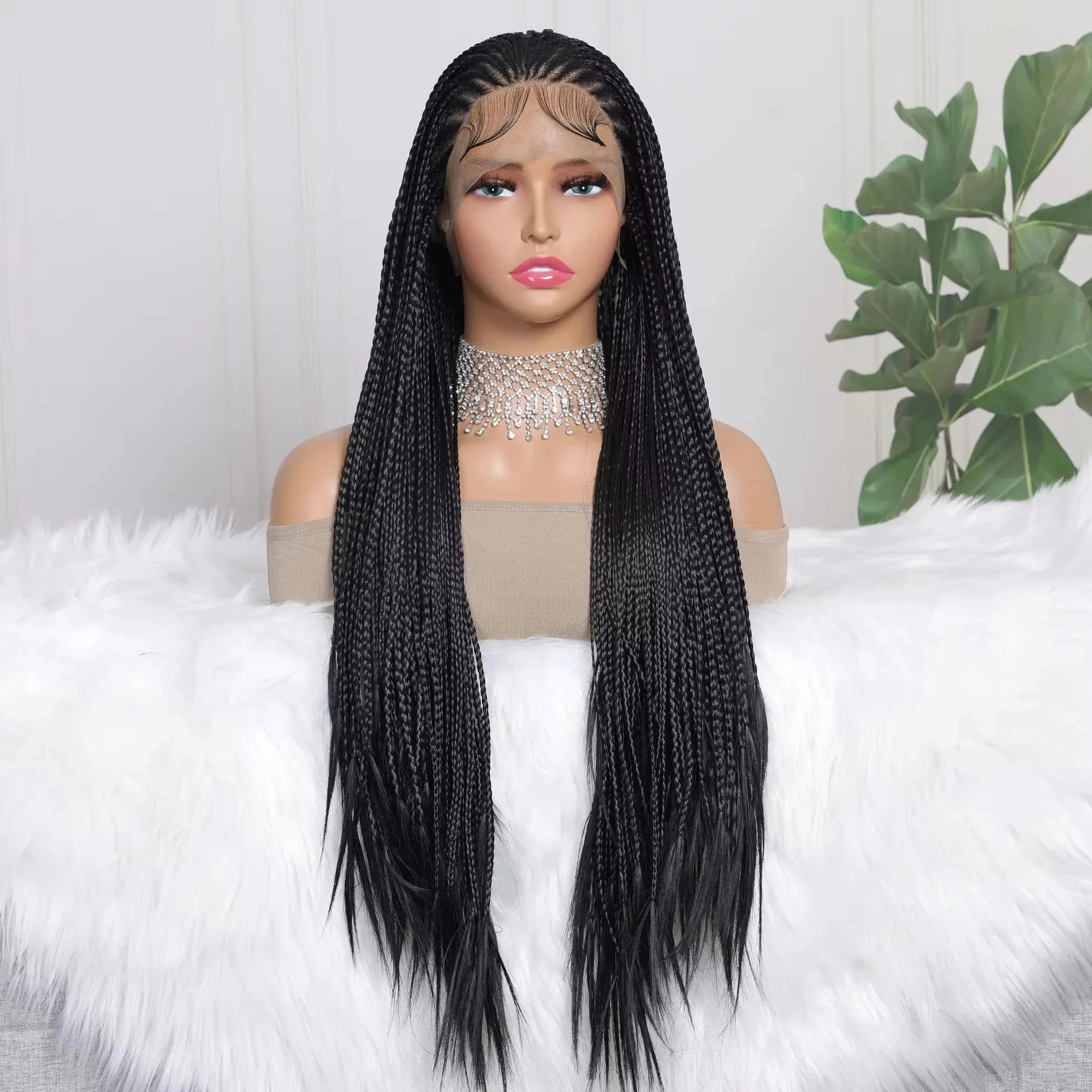 Perrque Tressée Déesse Faux Locs 13x4 | Tresses Boîte Sans Nœuds | Longue Synthétique Lace Front | Nœuds Blanchis