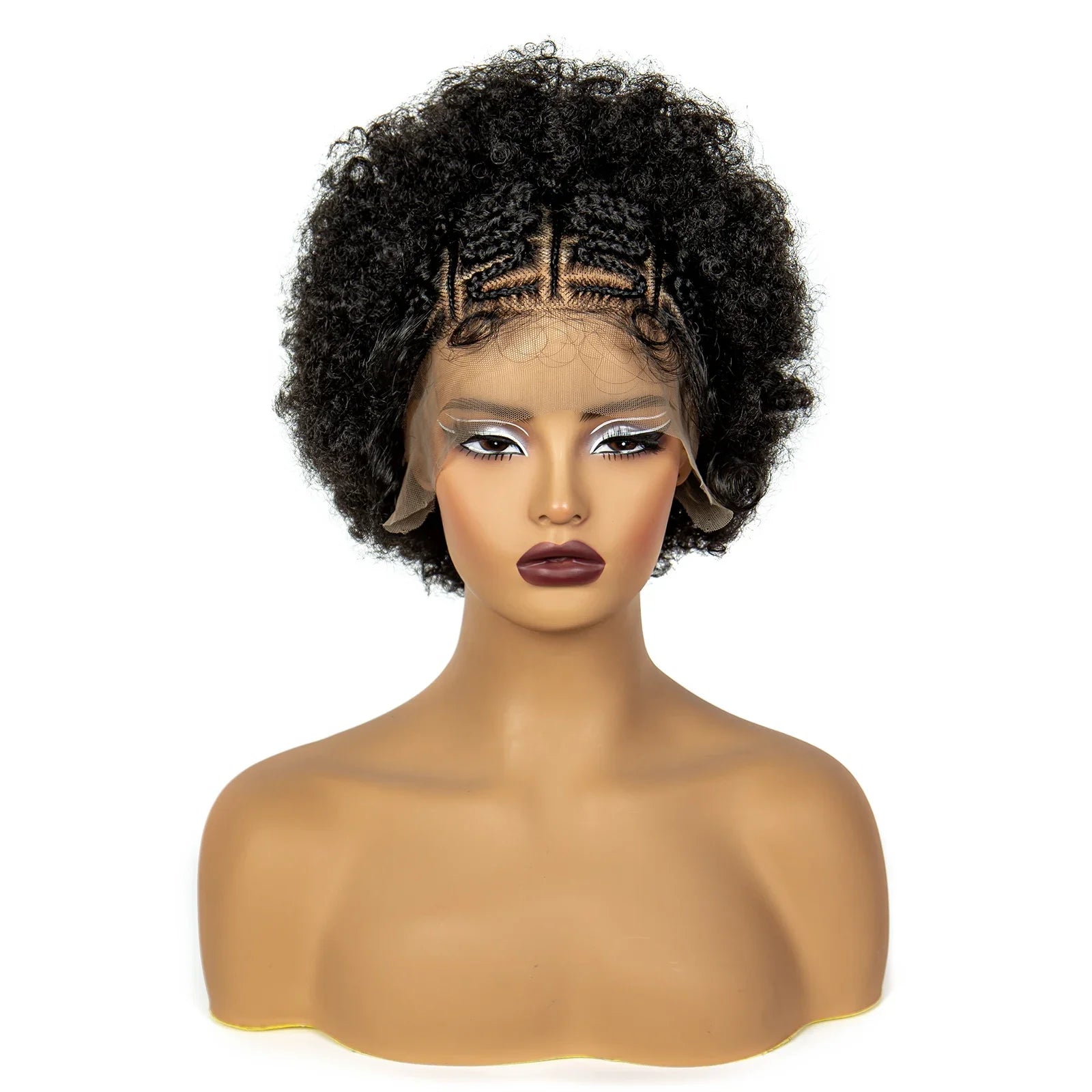 Perruque bob tressée afro bouclée bordeaux | Dentelle 13x6 | Cheveux de bébé | Boucles rebondissantes