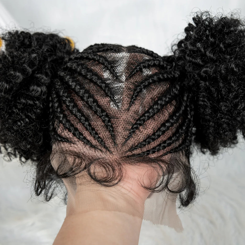 Perruque tressée HD en dentelle complète Cornrow et Box Braids avec deux chignons | Cheveux synthétiques en dentelle transparente pour femmes et filles noires