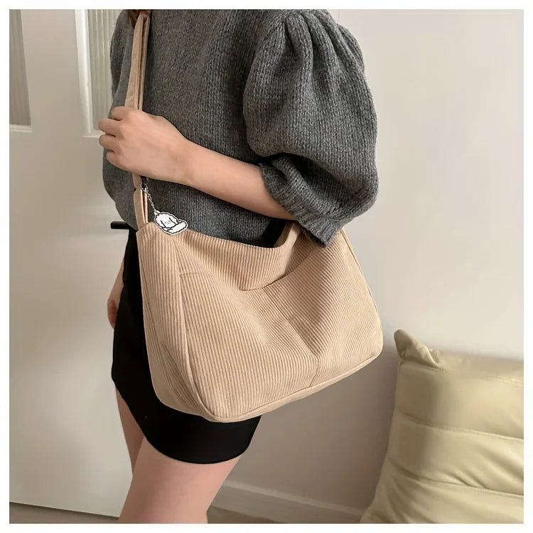 Sac à bandoulière en velours côtelé pour femme | Grand cabas décontracté rayé avec fermeture éclair (écusson chapeau mignon, usage quotidien)