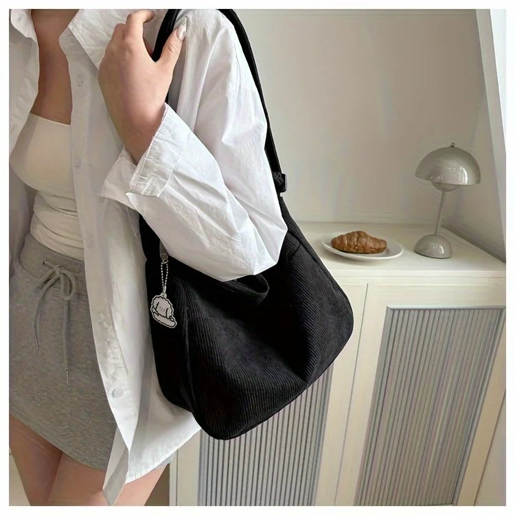 Sac à bandoulière en velours côtelé pour femme | Grand cabas décontracté rayé avec fermeture éclair (écusson chapeau mignon, usage quotidien)