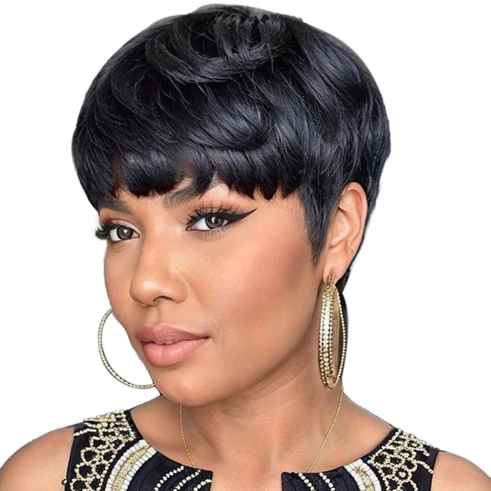 Perruque Pixie Bob Rouge Bourgogne & Blonde Rebecca | Cheveux Humains Lisses Courts Sans Colle avec Frange