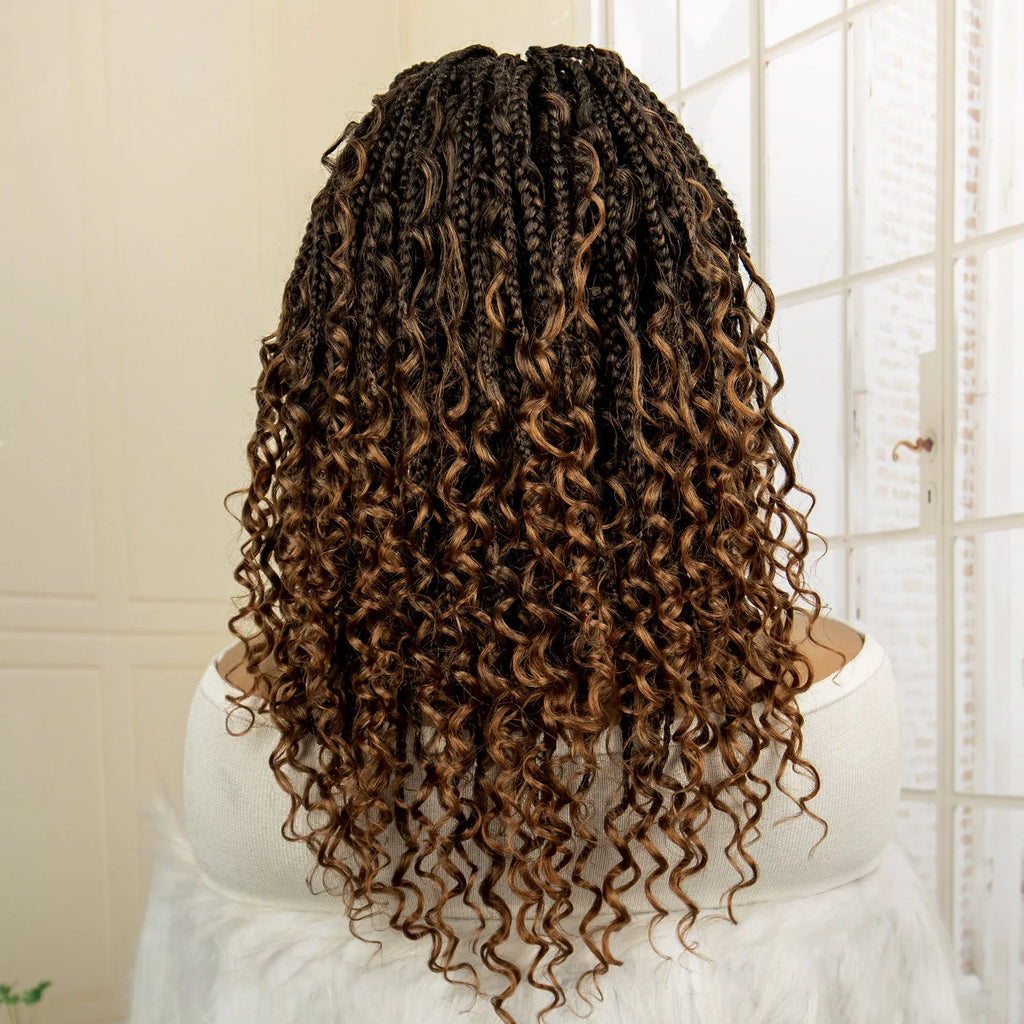 Perruque de tresses carrées bordeaux 14" | Entièrement lacée | Fibre Kanekalon | Tresses bohèmes | Pour femmes