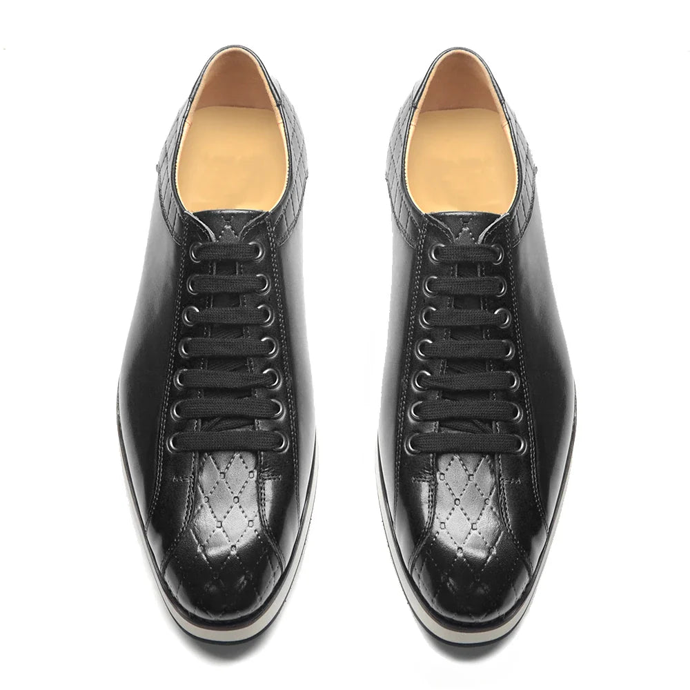 Europe 2024 Automne Hommes Luxe Cuir Véritable Plaid Chaussures Décontractées | Baskets Business Noir & Marron Foncé (Augmentation de la Hauteur)