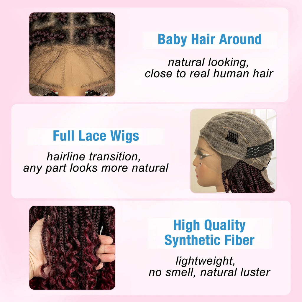 Perruque de tresses carrées bordeaux 14" | Entièrement lacée | Fibre Kanekalon | Tresses bohèmes | Pour femmes