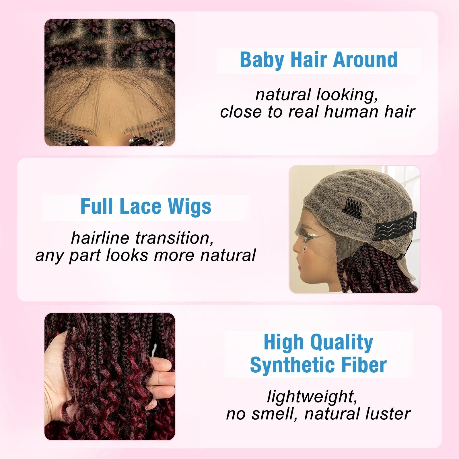 Perruque de tresses carrées bordeaux 14" | Entièrement lacée | Fibre Kanekalon | Tresses bohèmes | Pour femmes