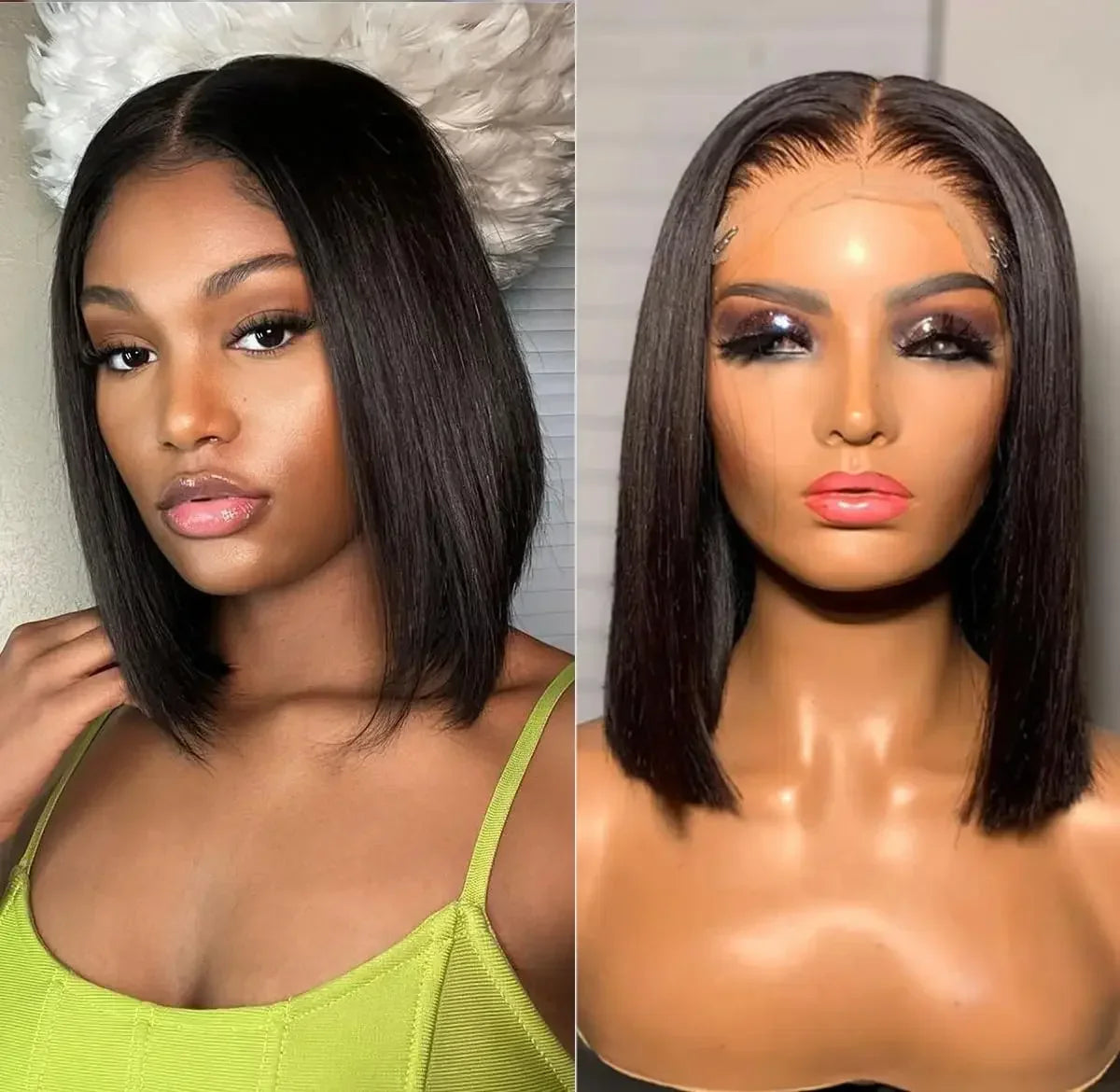 Perruque carrée courte et droite noire naturelle | Cheveux humains (180 % de densité, prêt à porter) avec dentelle frontale T-Part 13x6x1