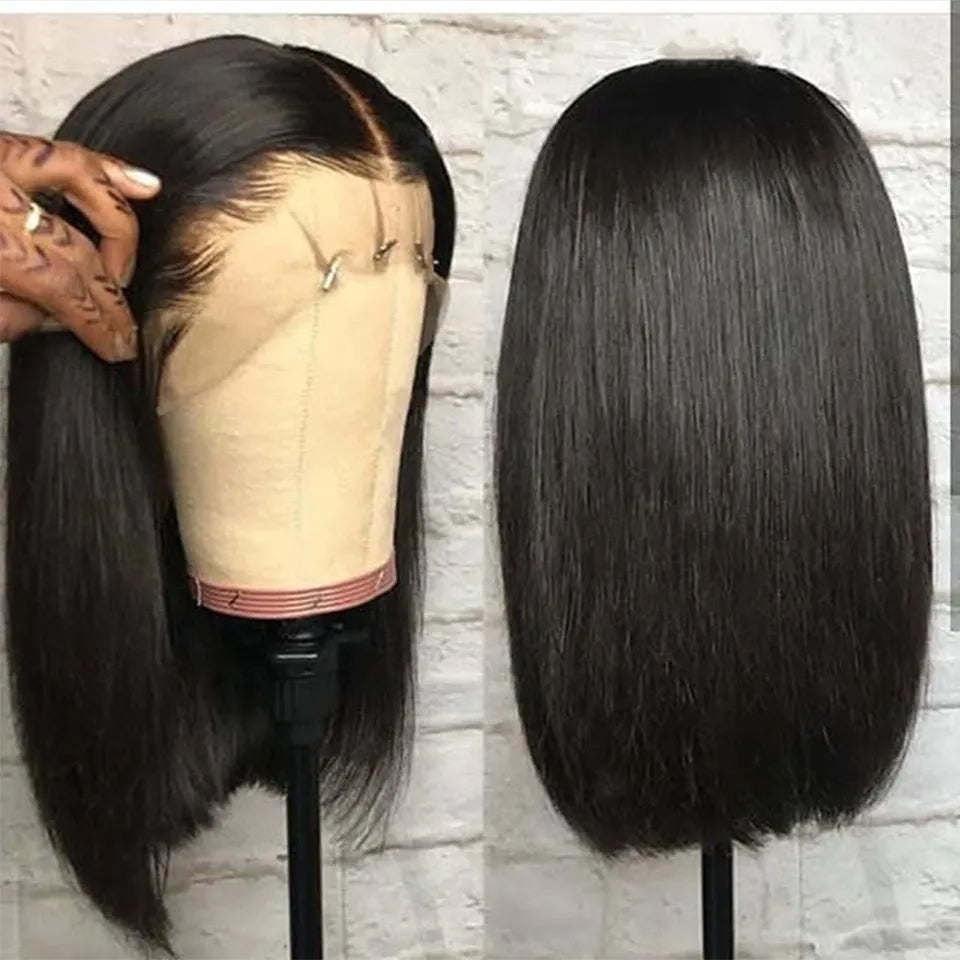 Perruque Bob Courte Droite Sans Colle 13x4 Lace Front Pré-Épilée avec Fermeture 4x4 Cheveux Humains Brésiliens Remy Ultra Lisses