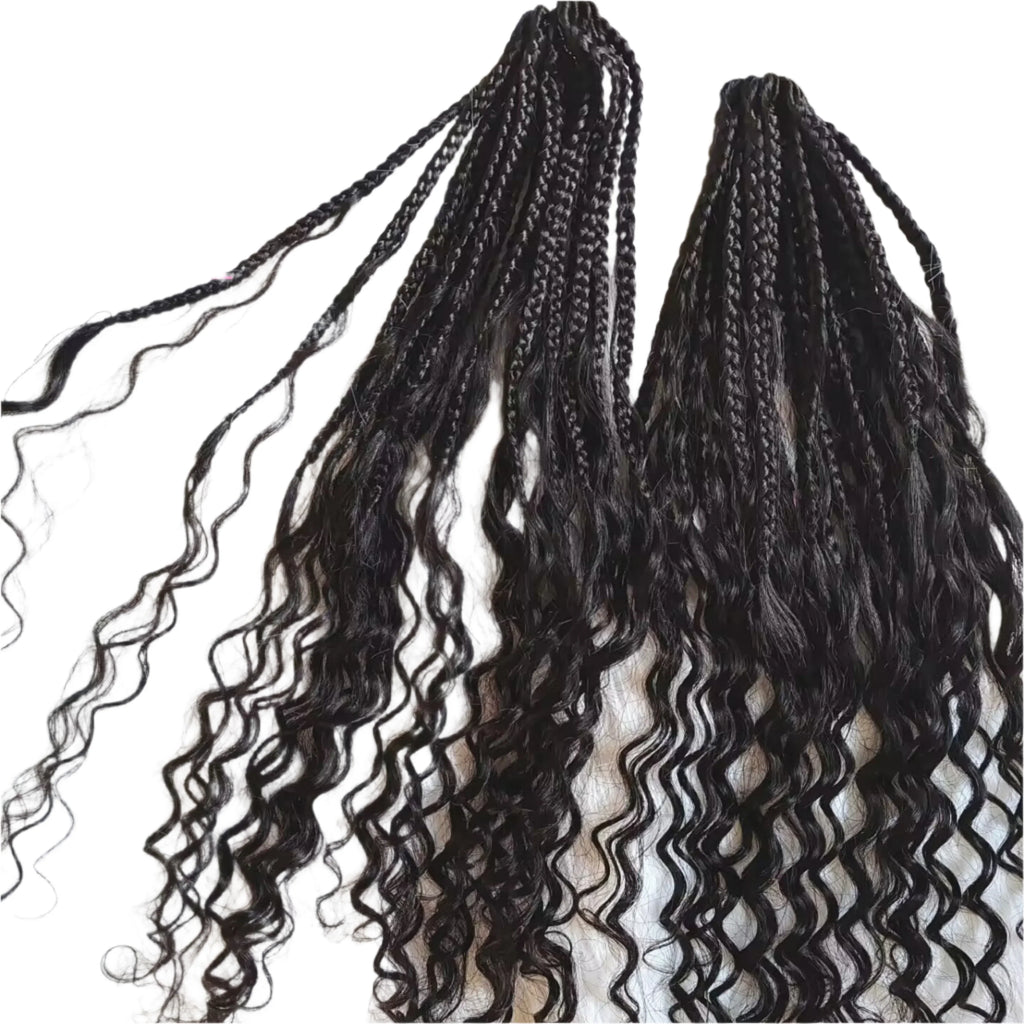 30" Crochet Boho Box Braids | Human Hair Curly Ends | Pre-Looped | Brazilian Remy Hair Extensions