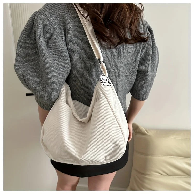 Sac à bandoulière en velours côtelé pour femme | Grand cabas décontracté rayé avec fermeture éclair (écusson chapeau mignon, usage quotidien)