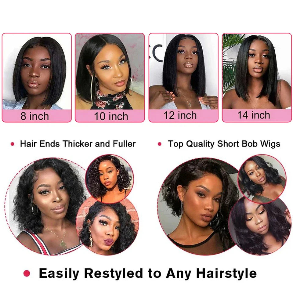 Perruque Bob Courte Droite Sans Colle 13x4 Lace Front Pré-Épilée avec Fermeture 4x4 Cheveux Humains Brésiliens Remy Ultra Lisses