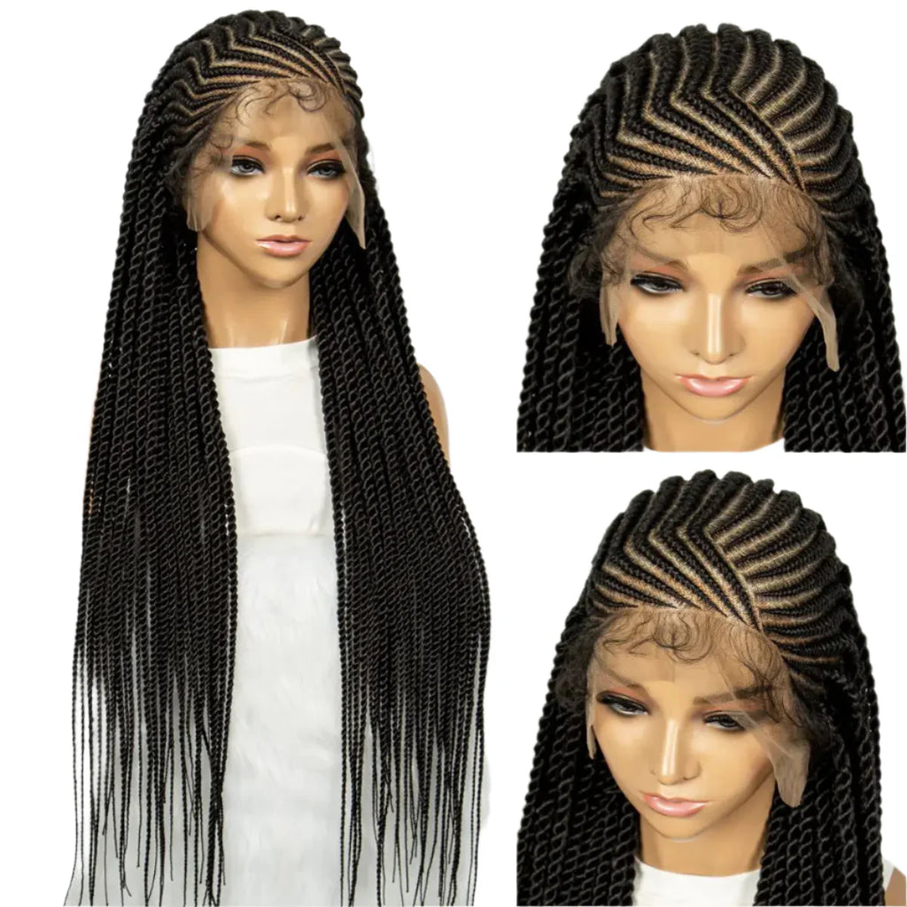 Perruque tressée de 32 pouces avec tresses collées | Tresses individuelles en dentelle complète | Perruque Lace Front transparente pour femmes noires