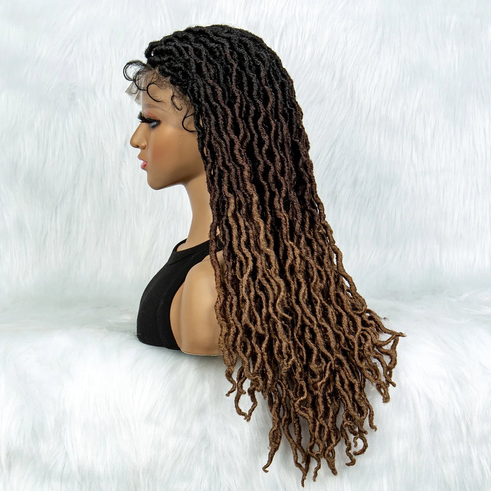 Perruque tressée sans nœuds avec pointes bouclées et cheveux de bébé | Perruque synthétique Lace Front pour femmes noires