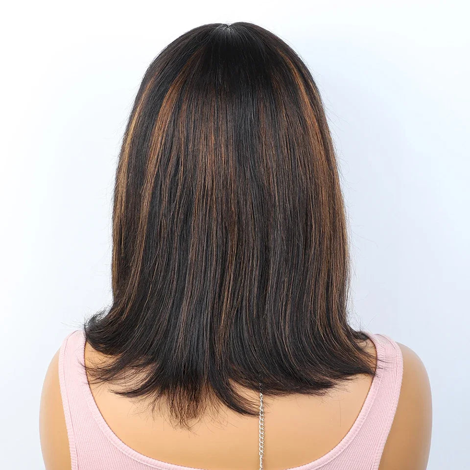 Perruque carrée droite Ombre #4/27 avec frange | Dessus en dentelle de cheveux humains et cuir chevelu réaliste