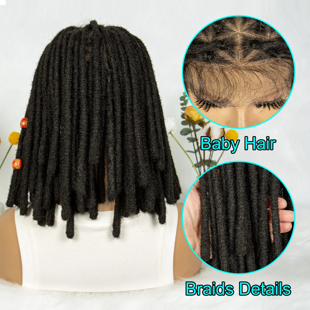 Perruque courte avec tresses africaines et nattes | Dentelle complète | Cheveux de bébé | Inspiration africaine