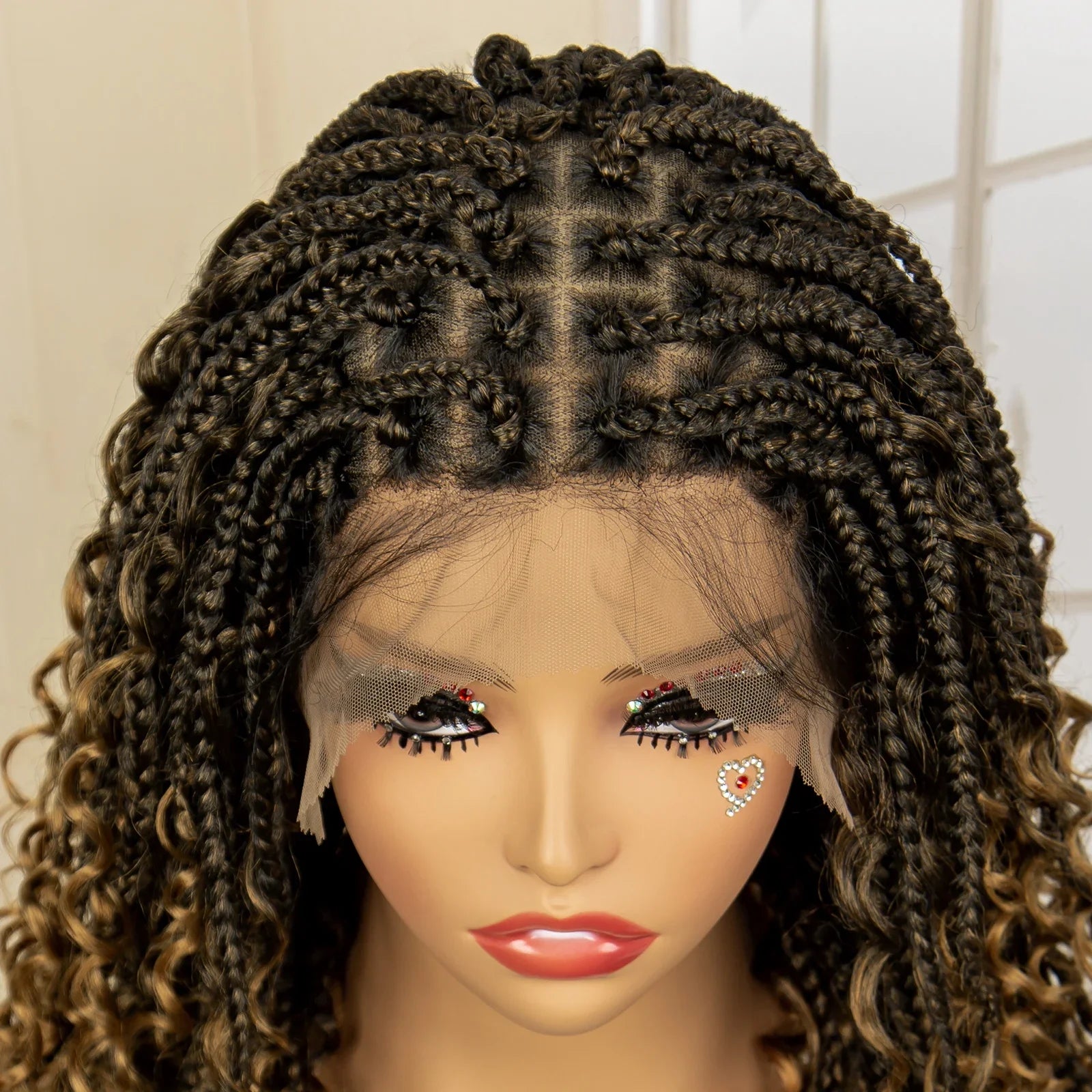 Perruque de tresses carrées bordeaux 14" | Entièrement lacée | Fibre Kanekalon | Tresses bohèmes | Pour femmes